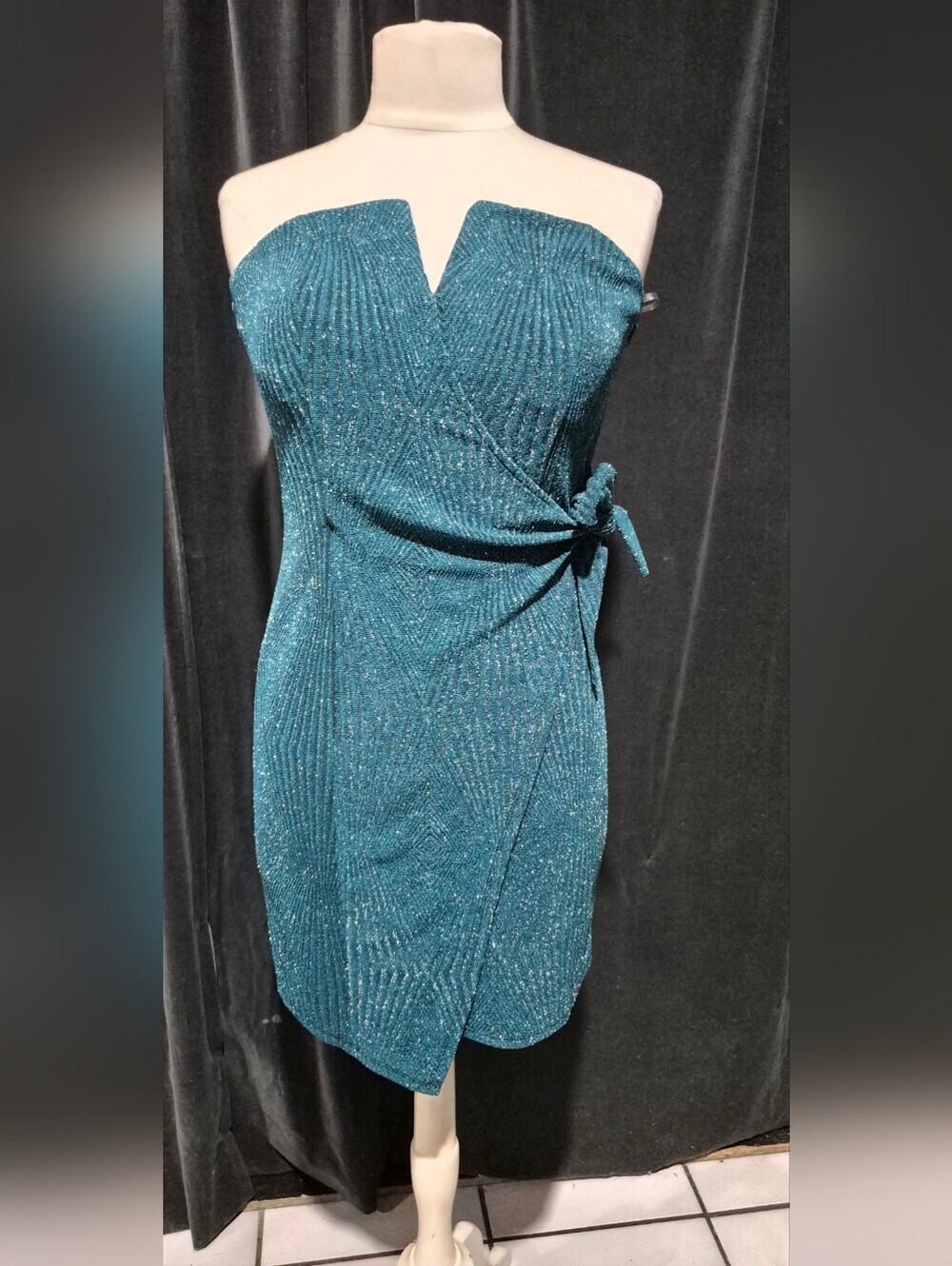 Trixxi Teal Sparkle Strapless Wrap Dress